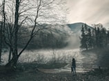 A shadowy figure standing at the edge of a foggy lake at dusk.