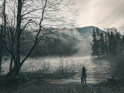 A mysterious figure cloaked in darkness standing at the edge of a foggy lake.