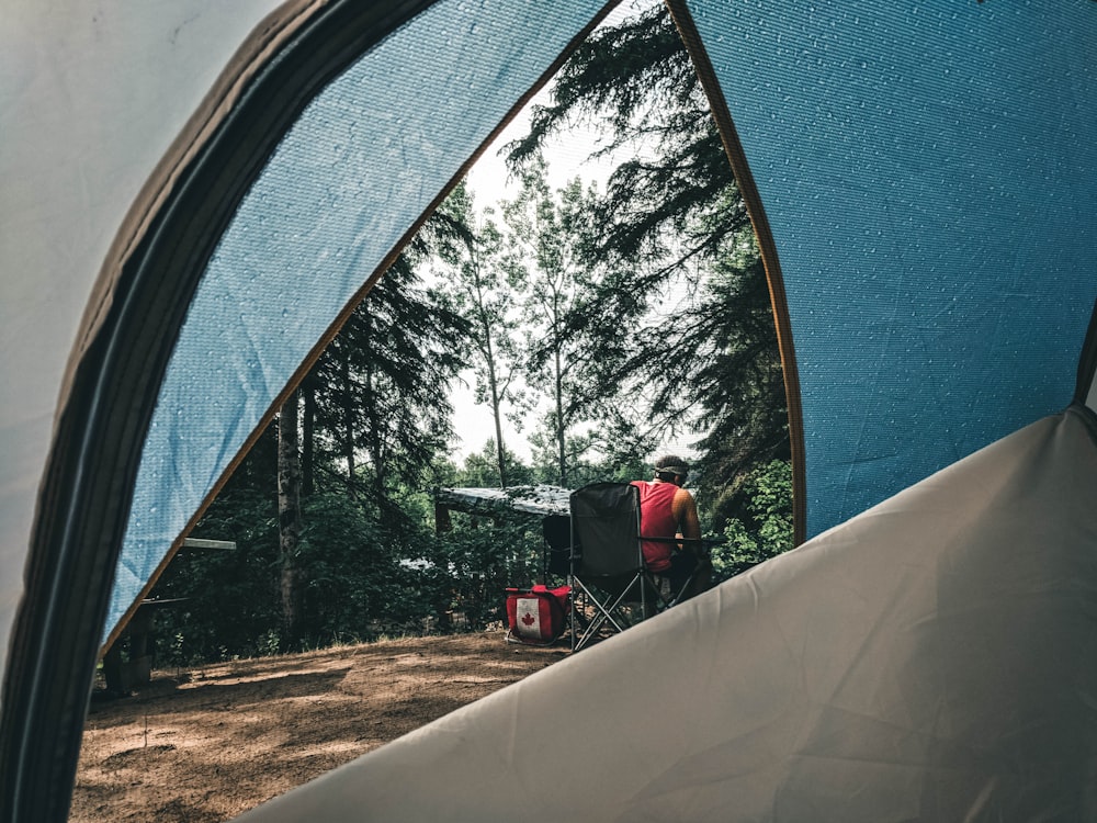 red car in a blue tent