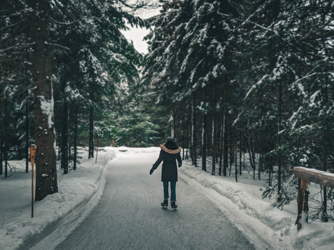 man in black jacket and black pants walking on snow covered pathway between trees during daytime