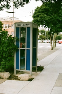 A small, blue kiosk labeled 'Free Library' stands on a sidewalk next to a street. It's situated among a few scattered rocks and lush green foliage, with a tree nearby. The background shows buildings and parked cars along the road. The scene has an urban setting with a calm and inviting atmosphere.