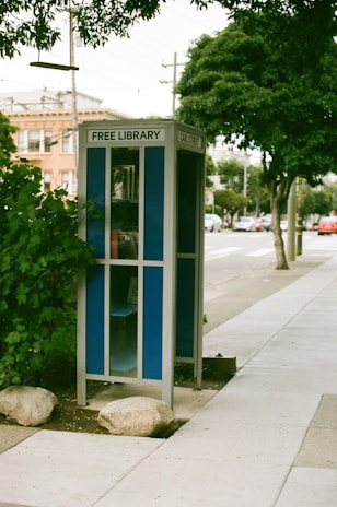 A small, blue kiosk labeled 'Free Library' stands on a sidewalk next to a street. It's situated among a few scattered rocks and lush green foliage, with a tree nearby. The background shows buildings and parked cars along the road. The scene has an urban setting with a calm and inviting atmosphere.