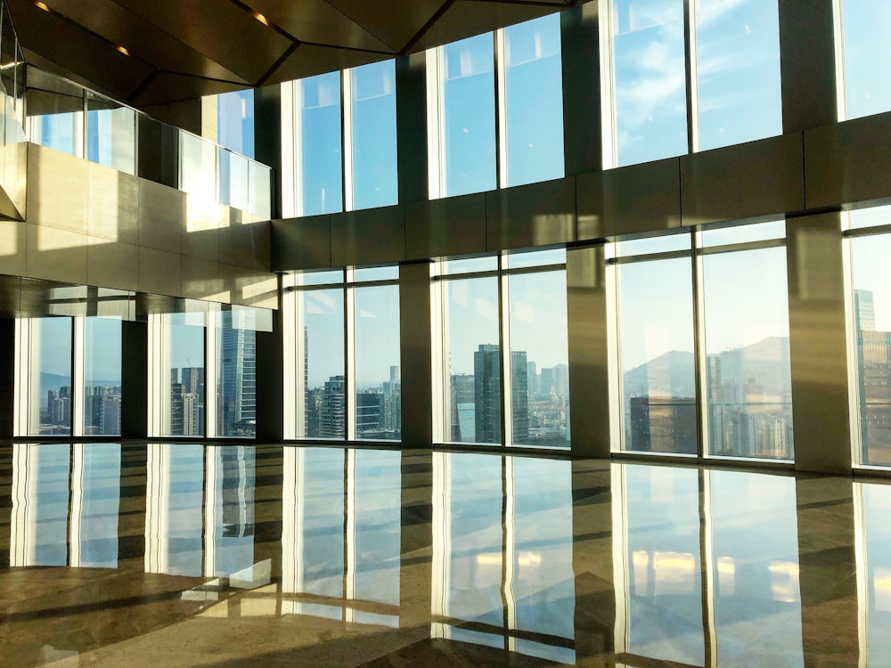 white and blue glass building