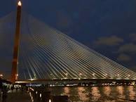 Nighttime shot of a luminous cable-stayed bridge lit up, reflecting on the river surface.