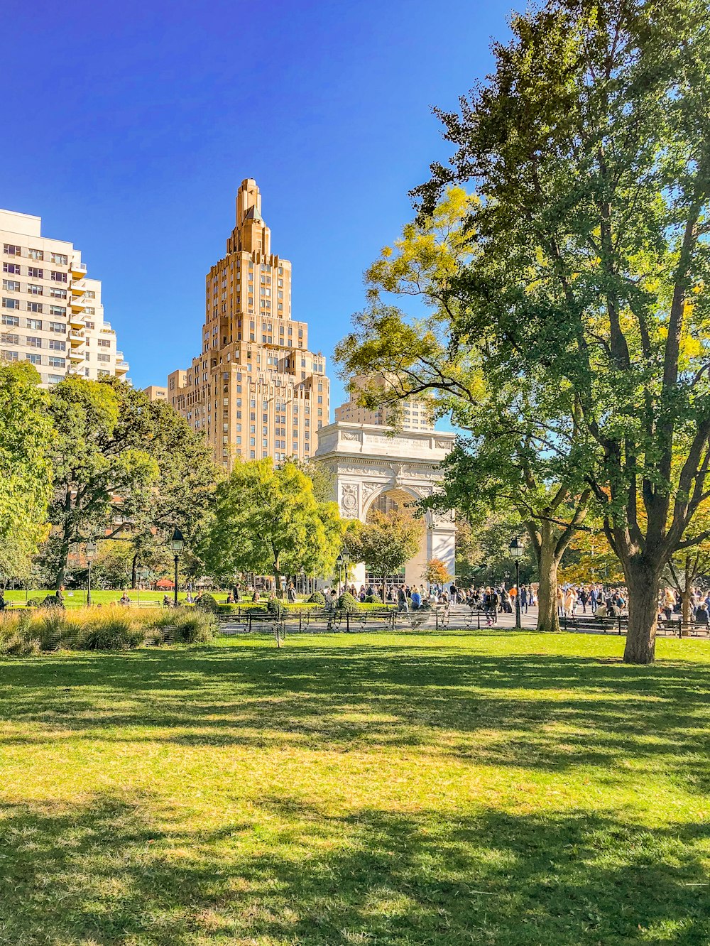 green grass field with trees and building in distance