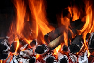 Logs of wood burning with bright orange and yellow flames, surrounded by white ash and darkened charcoal remains, creating a vivid and dynamic scene.