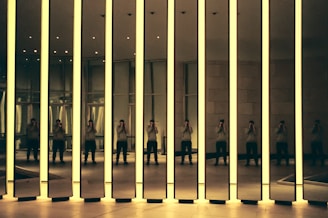A modern art installation featuring tall mirrored panels with glowing edges. The reflections create multiple images of a person standing inside the room, capturing the interplay of light and shadow. The setting appears to be an exhibition space with a minimalist design.