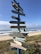 A colorful signpost stands on a beach, with several directional arrows pointing to various international locations. The sea and sky form a serene backdrop, with gentle waves rolling onto the shore.