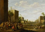 A historical painting depicts a group of people gathered in a village setting with ancient stone buildings. A variety of individuals, including children and adults in period attire, are interacting in small groups. The scene is set against a backdrop of ruins and lush greenery, with a partly cloudy sky.