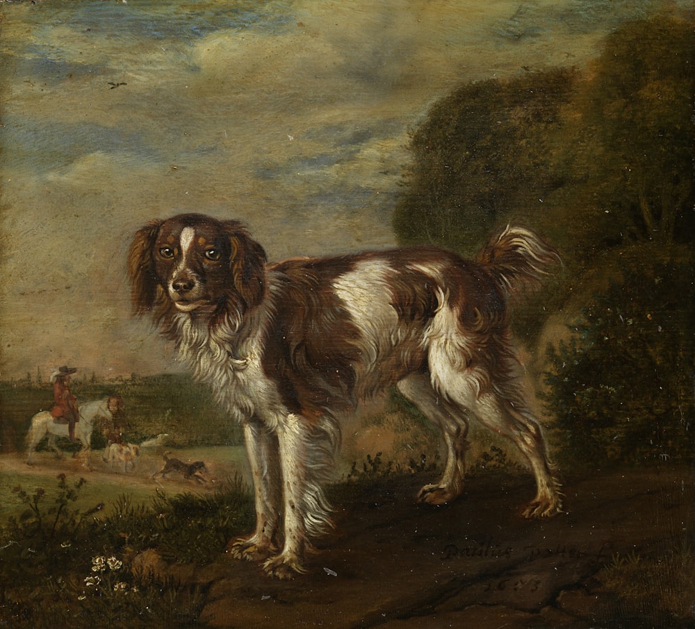 Pintura de perro mediano de pelaje largo marrón y blanco