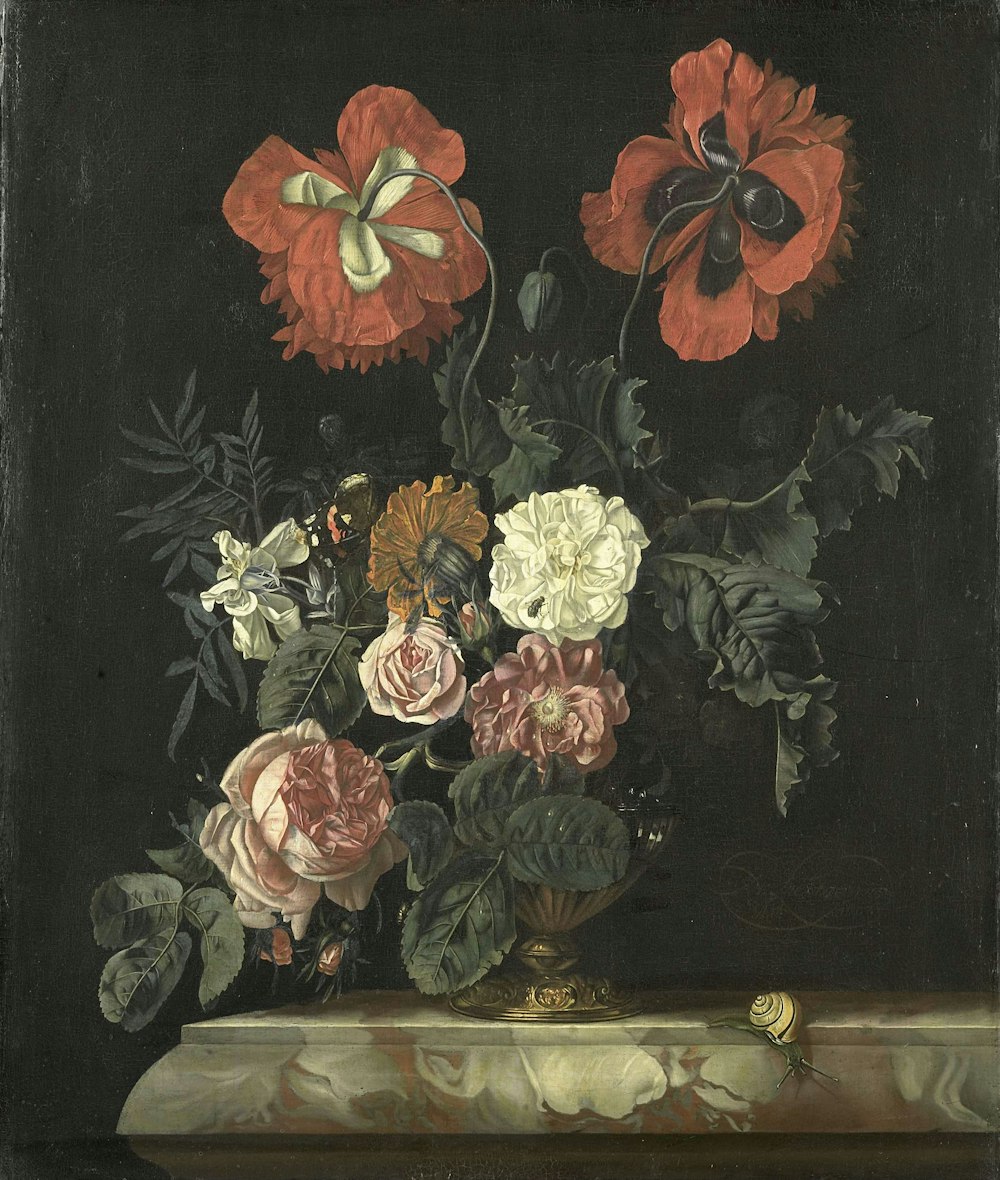 a painting of flowers in a vase on a table