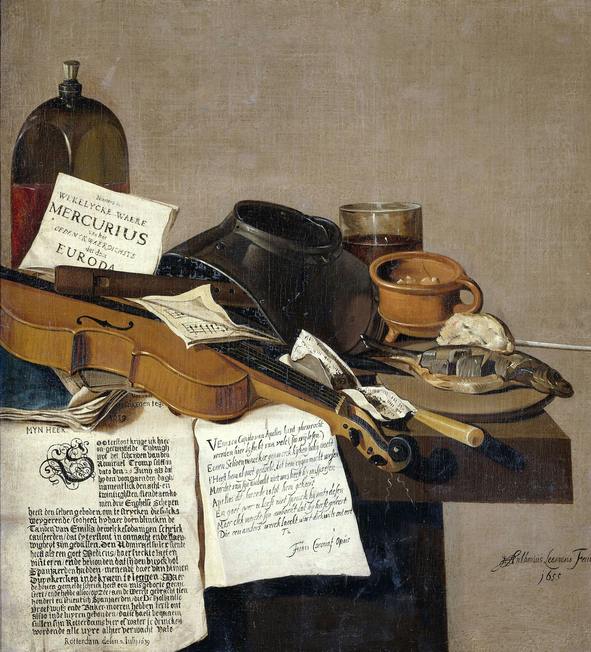 Title: Still Life with a Copy of De Waere Mercurius, a Broadsheet with the News of Tromp's Victory over three English Ships on 28 June 1639, and a Poem telling the story of Apelles and the Cobbler. Institution:Rijksmuseum. Provider: Rijksmuseum. Providing Country: Netherlands. Public Domain