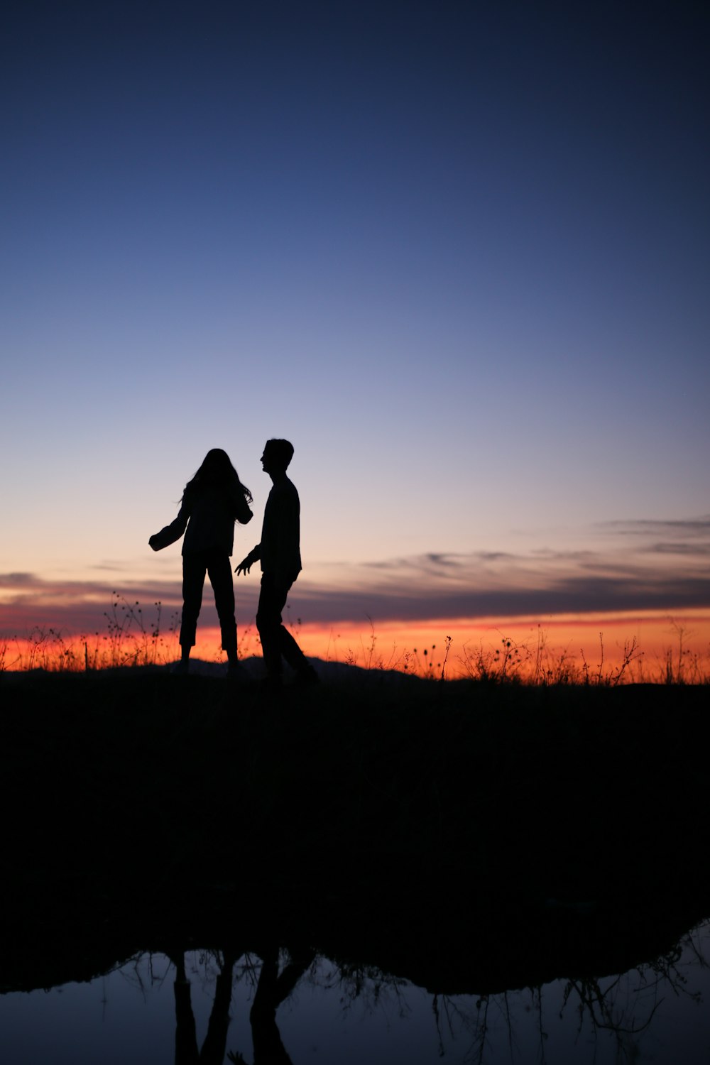 silhouette of couple standing on grass field during sunset
