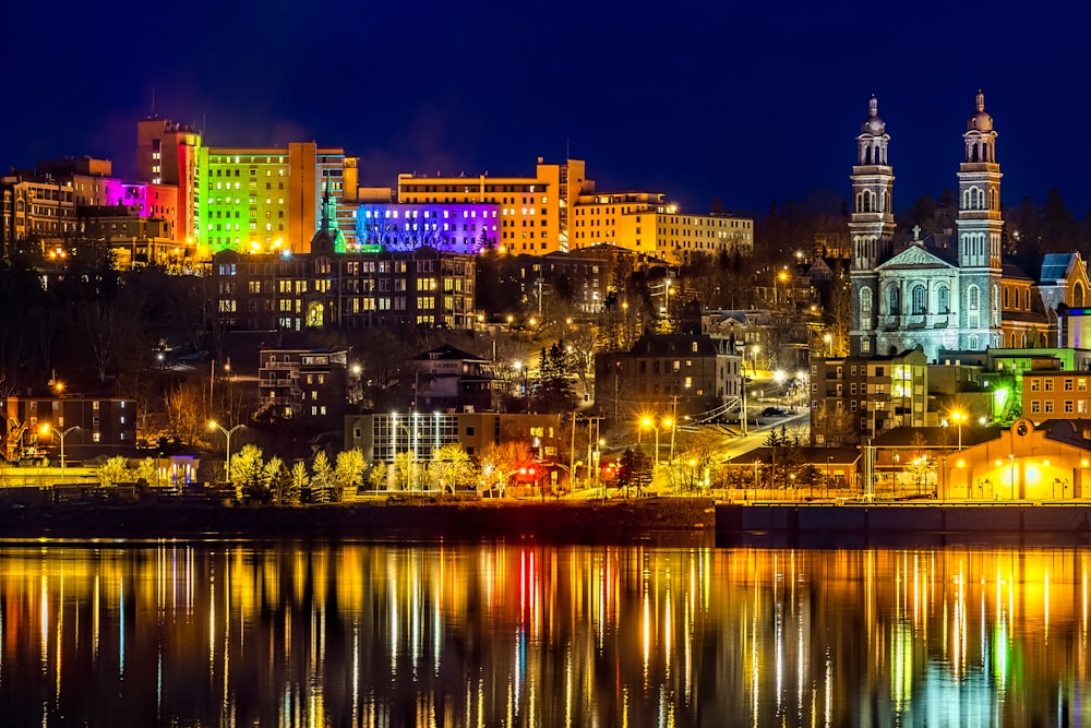 city skyline during night time