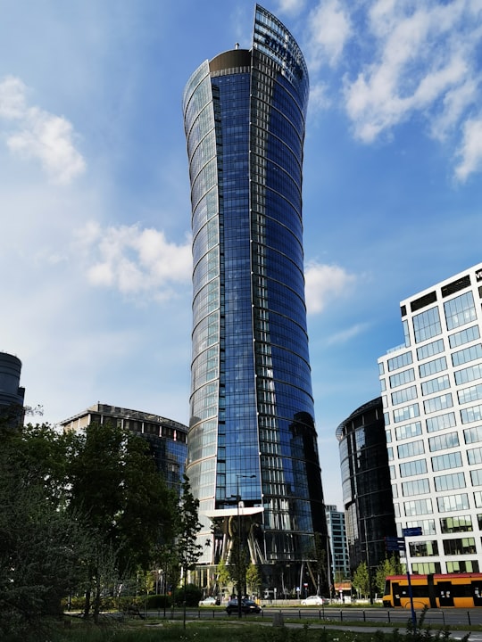 blue and white glass building in Warsaw Uprising Museum Poland