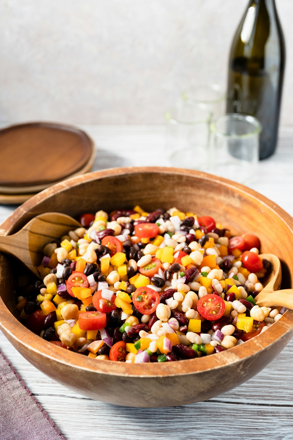 fruit salad in brown wooden bowl