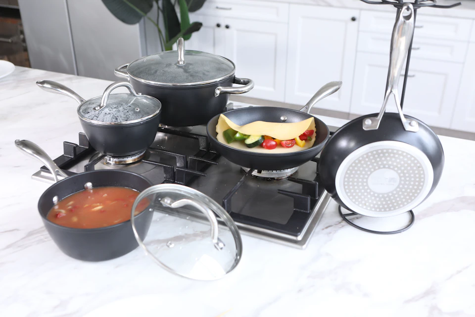 Stainless-steel cookware on a built-in cooktop