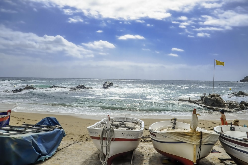 white and brown boat on beach during daytime