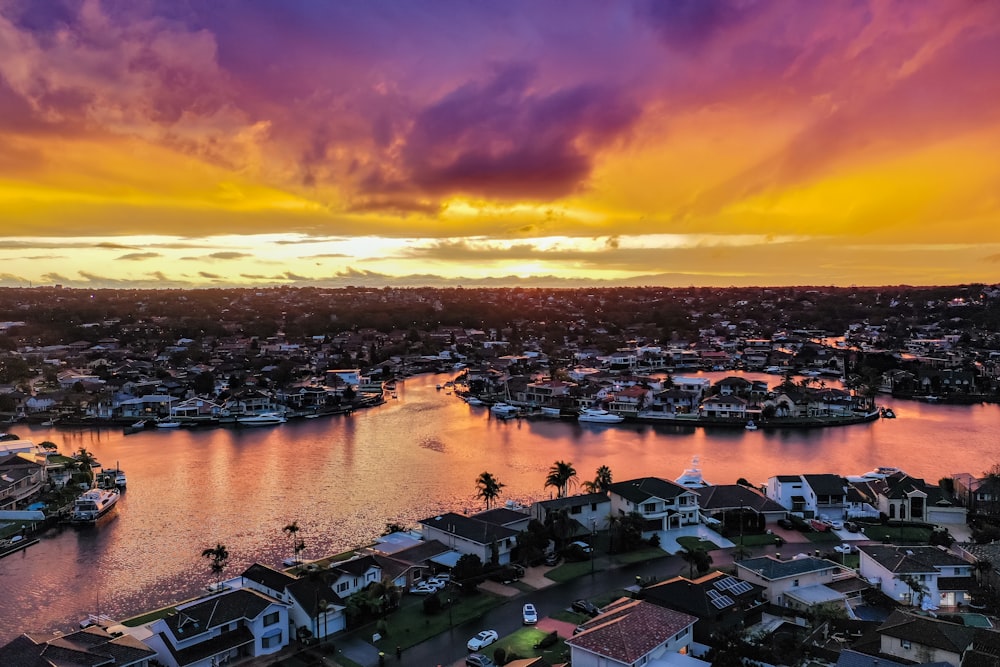 aerial view of city buildings during sunset