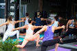 Group fitness class exercising together in a studio