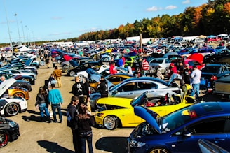people standing beside blue and yellow cars during daytime