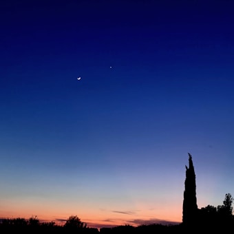 A crescent moon and a bright star or planet are visible against a deep blue to orange gradient sky at twilight, with silhouettes of trees creating a serene foreground.