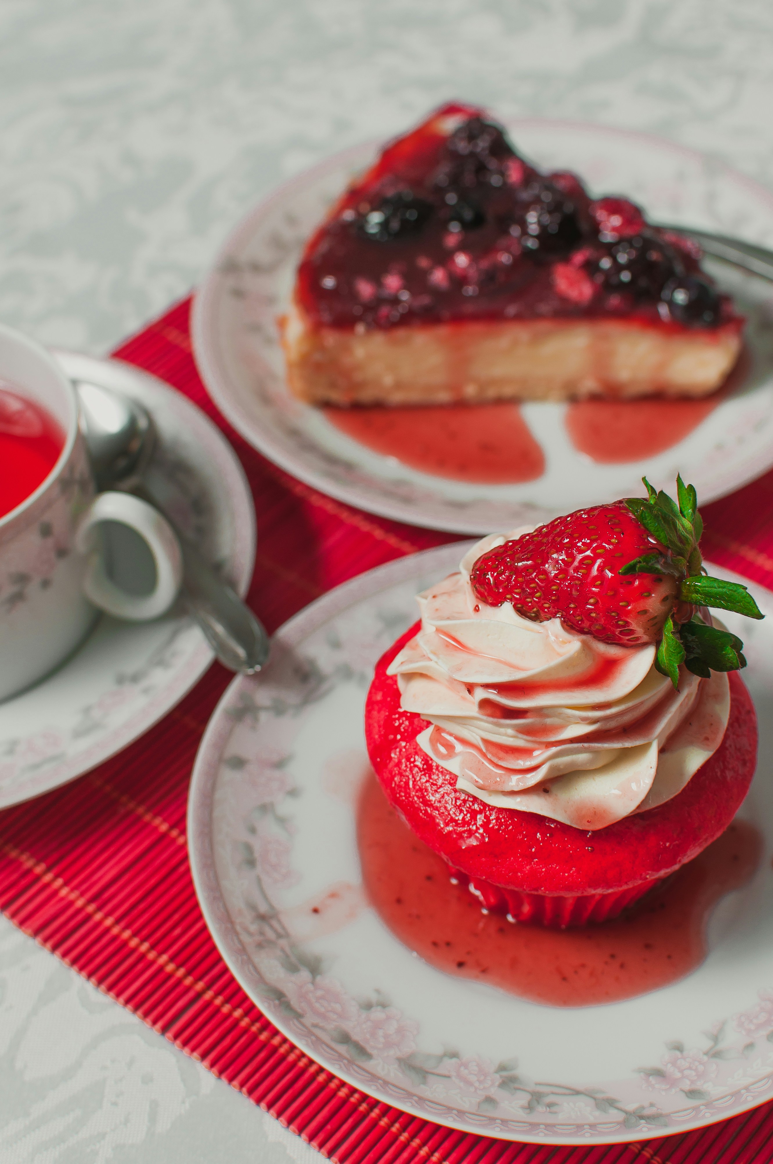 strawberry cake on white ceramic plate