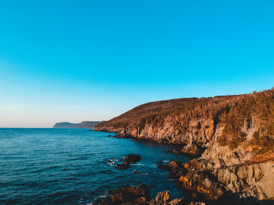 The image depicts a serene coastal landscape with a deep blue ocean meeting a light brown cliff on the right side, creating a striking contrast between the two colors. The sky above is a clear blue, suggesting a bright and sunny day. In the distance, there are trees visible along the shoreline, adding to the natural beauty of the scene.

The perspective of the image is from the water's edge, looking out towards the cliff, providing a sense of depth and vastness to the landscape. The overall composition of the image conveys a peaceful and tranquil atmosphere, with the calm ocean meeting the rugged cliff creating an interesting visual dynamic.