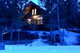 A cozy cabin nestled in snowy woods, glowing warmly in the evening light.