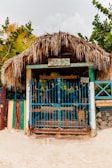 brown wooden house with blue wooden door
