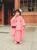 girl in pink and white kimono robe baby photo