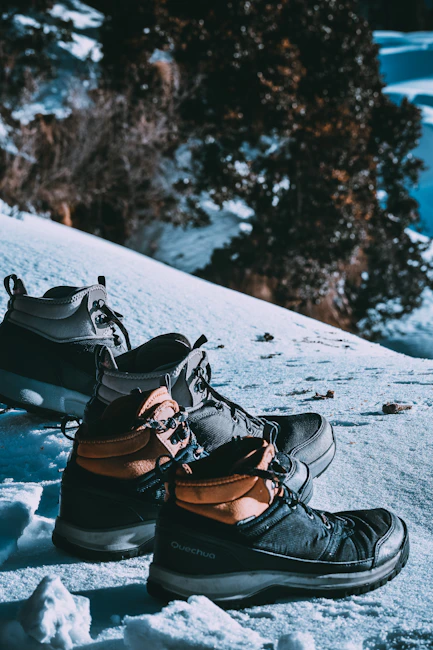 black and brown hiking shoes on snow covered ground