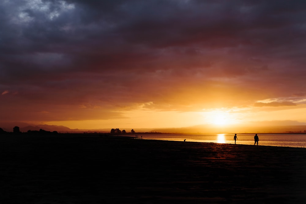 silhouette de personnes sur la plage pendant le coucher du soleil