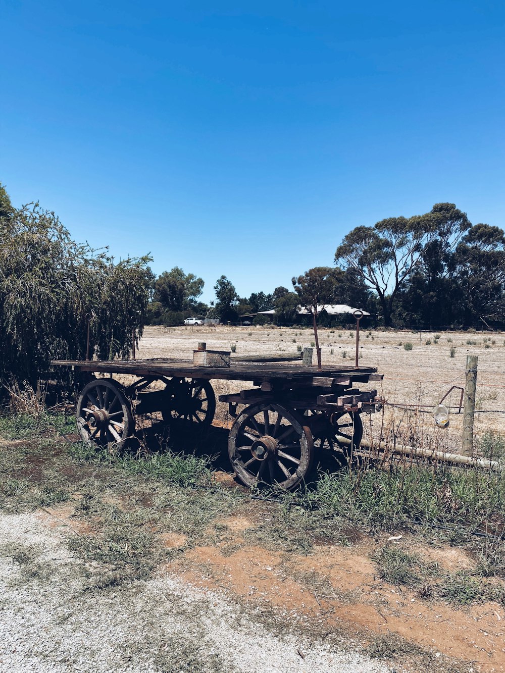 black wooden carriage on brown field during daytime