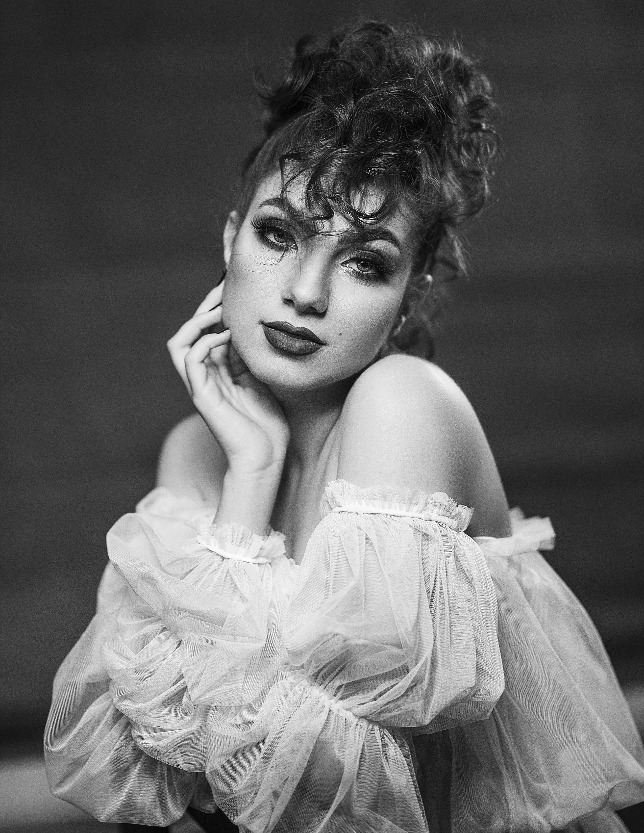 grayscale photo of woman in white dress