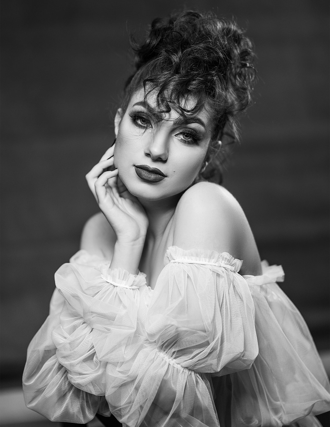 grayscale photo of woman in white dress