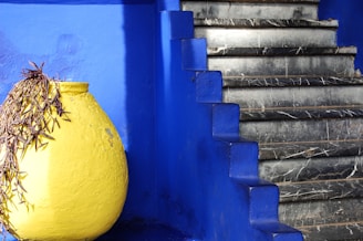 yellow fruit on blue concrete staircase