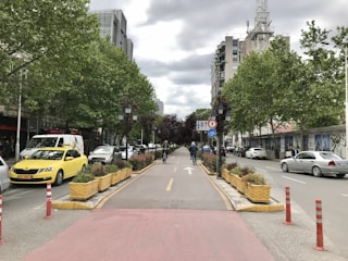 A bustling urban street with modern bike lanes and pedestrian zones.