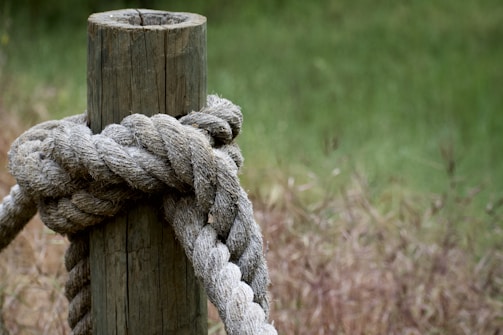 A thick rope is tightly wrapped around a wooden post, creating a large knot. The post has a weathered appearance, and the background features a blurred grassy area with hints of brown and green.