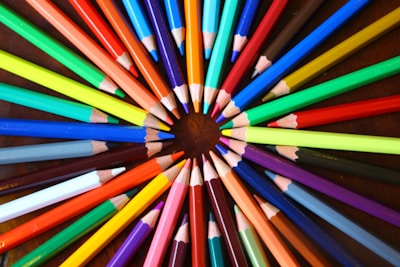 multi colored pencils in close up photography