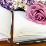 A journal opened to a handwritten page surrounded by scattered rose petals.