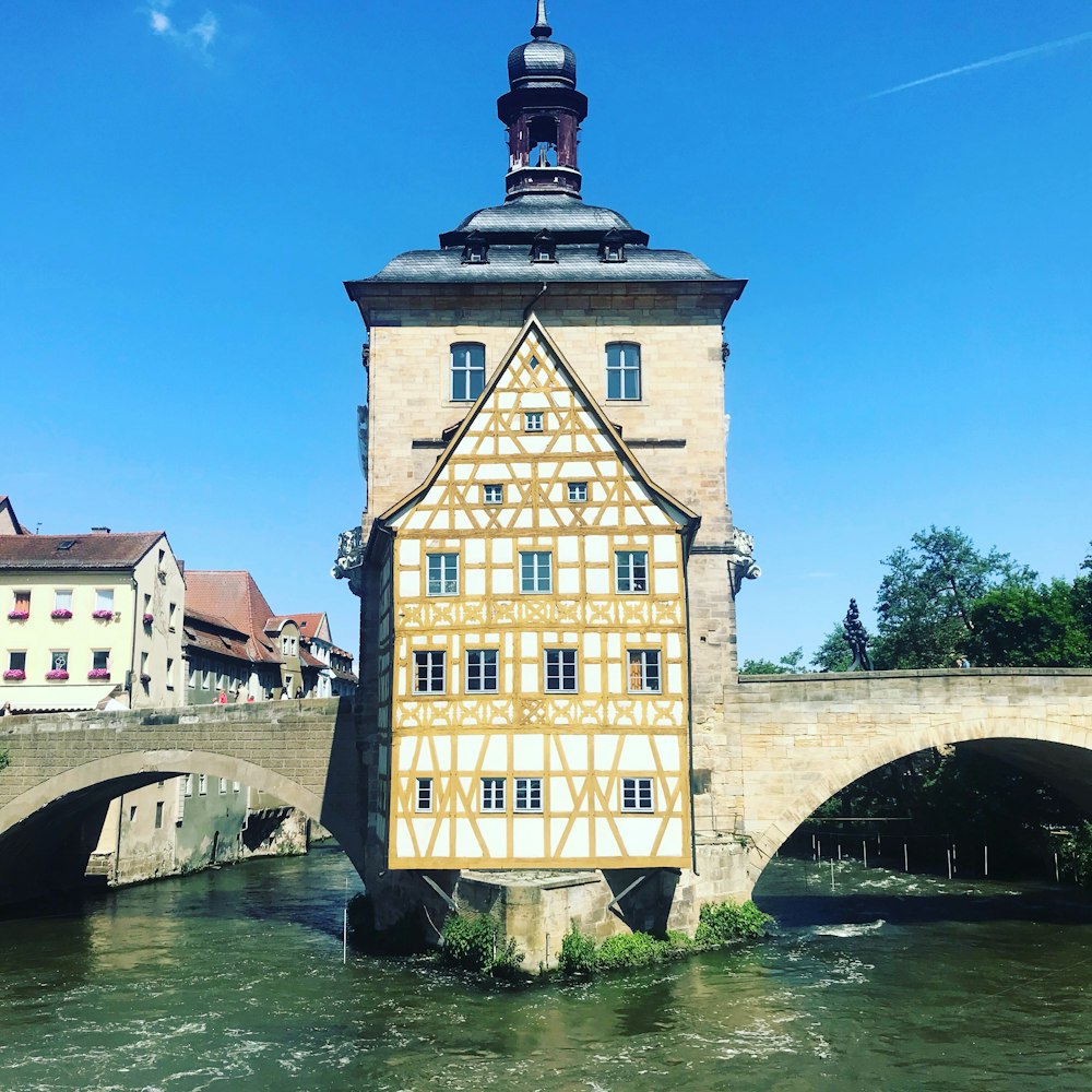 brown concrete building beside river under blue sky during daytime