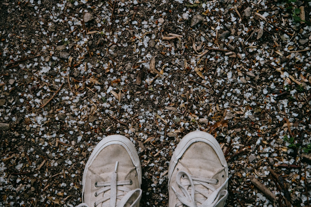 person wearing brown and white low top sneakers