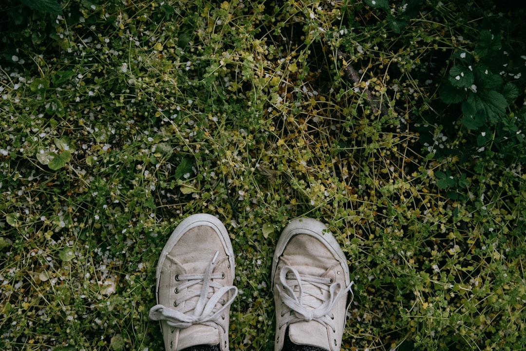 person wearing white and black sneakers standing on green grass