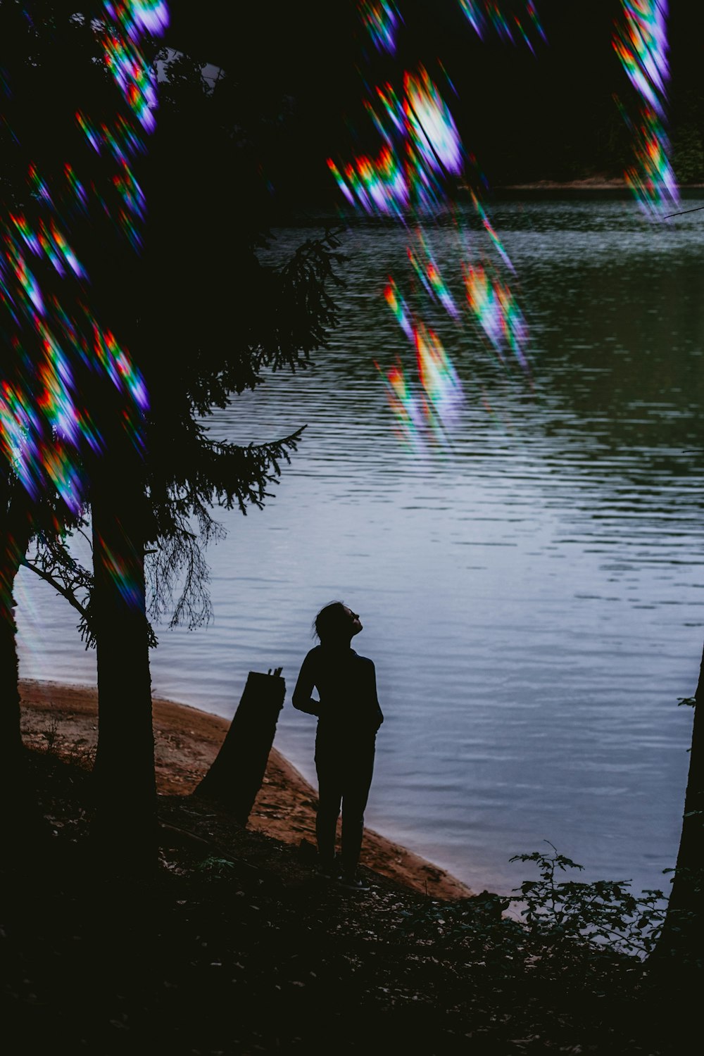 silhouette of man standing near body of water during sunset