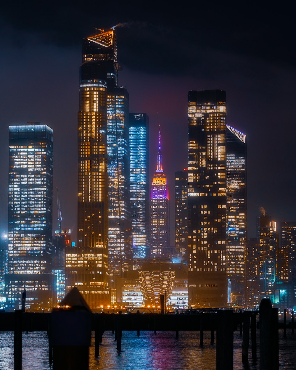 city skyline during night time