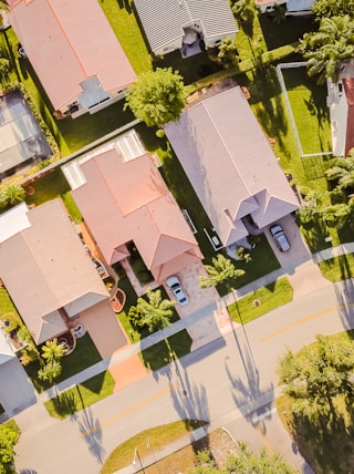 aerial view of green trees and brown concrete building