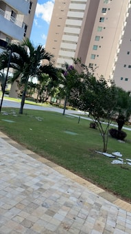Tall residential buildings with balconies are surrounded by a neatly maintained garden. Palm trees and shrubs add greenery to the scene, and a tiled walkway runs along the grass.
