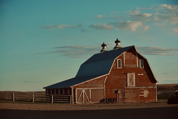 Classic red horse barn under a bright blue sky