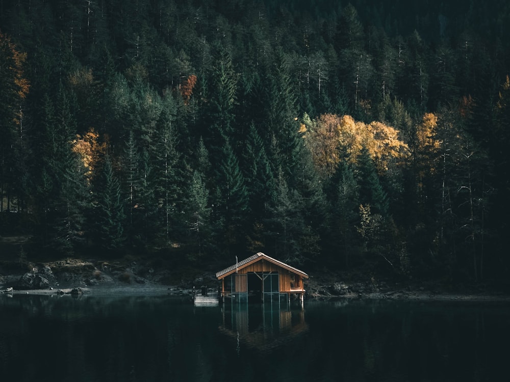 낮에는 푸른 나무 근처의 호수에 있는 갈색 목조 주택